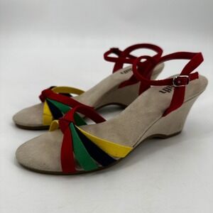 Judith Multi Color Strappy Wedge Sandals Retro Rainbow Buckle 7.5 Eclectic Boho
